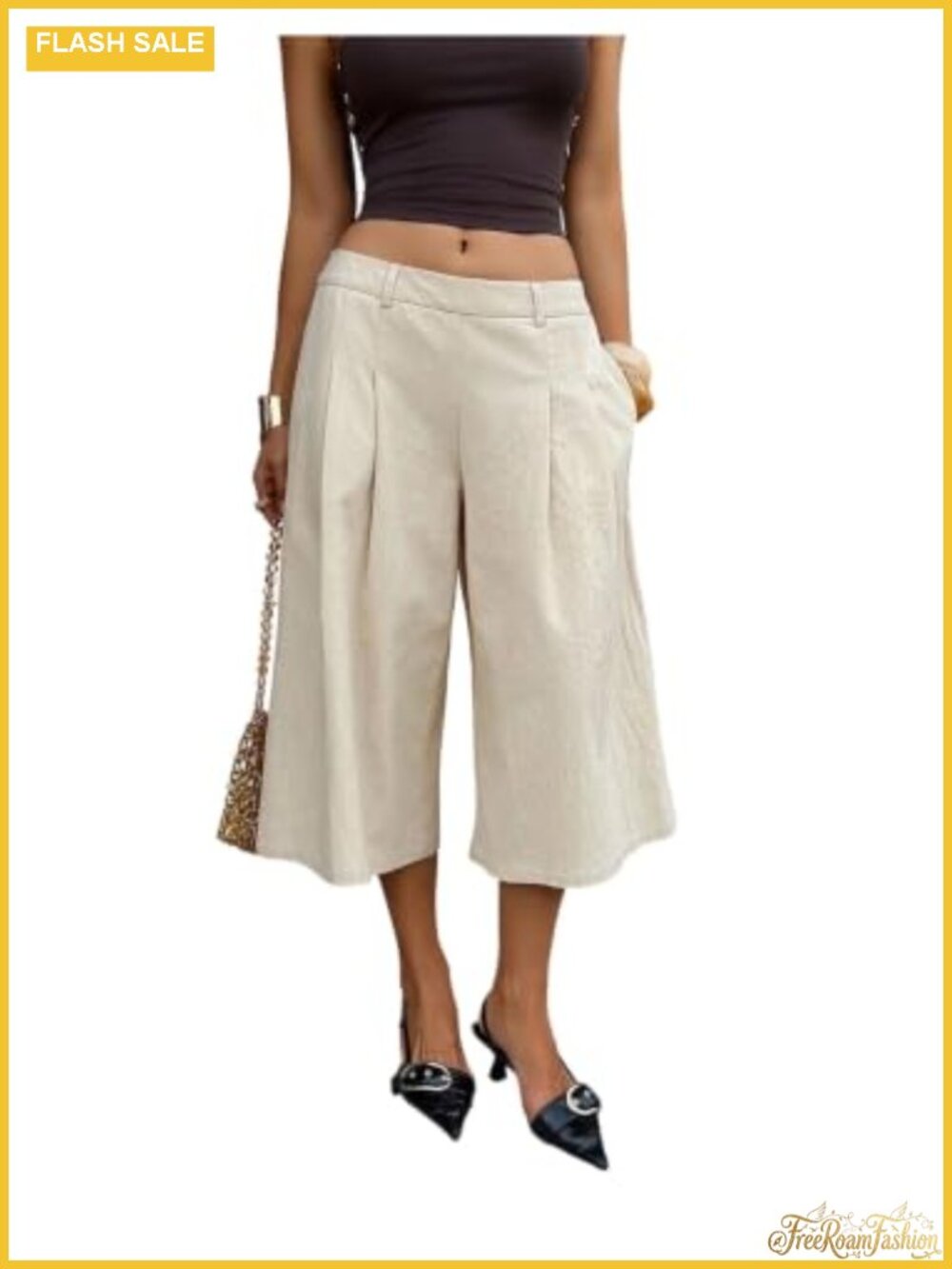 Linen Capri Pants Wide Leg Palazzo with Pockets Dressy Loose